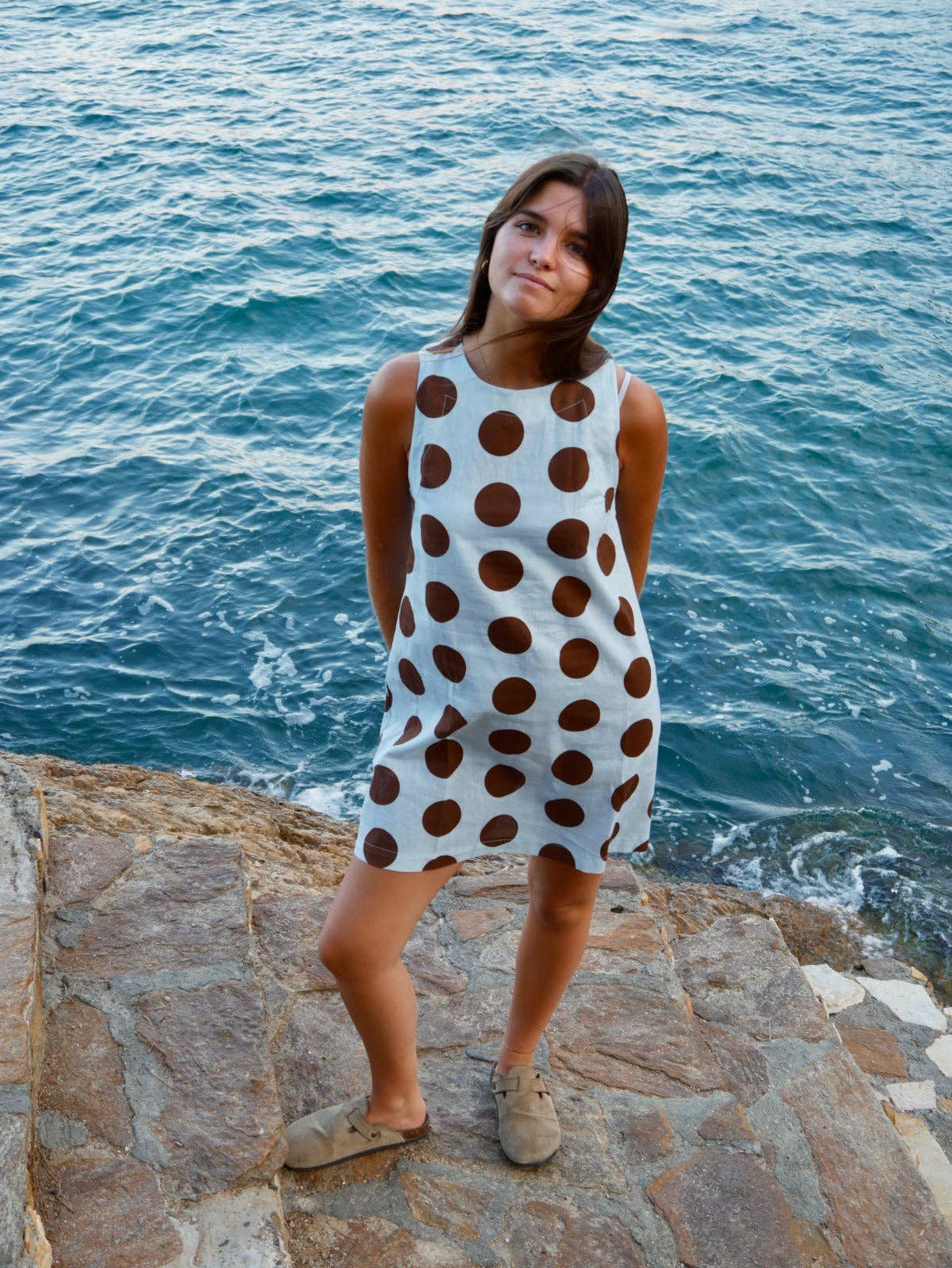 Macarena Linen Dress with Light Blue and Brown Dots