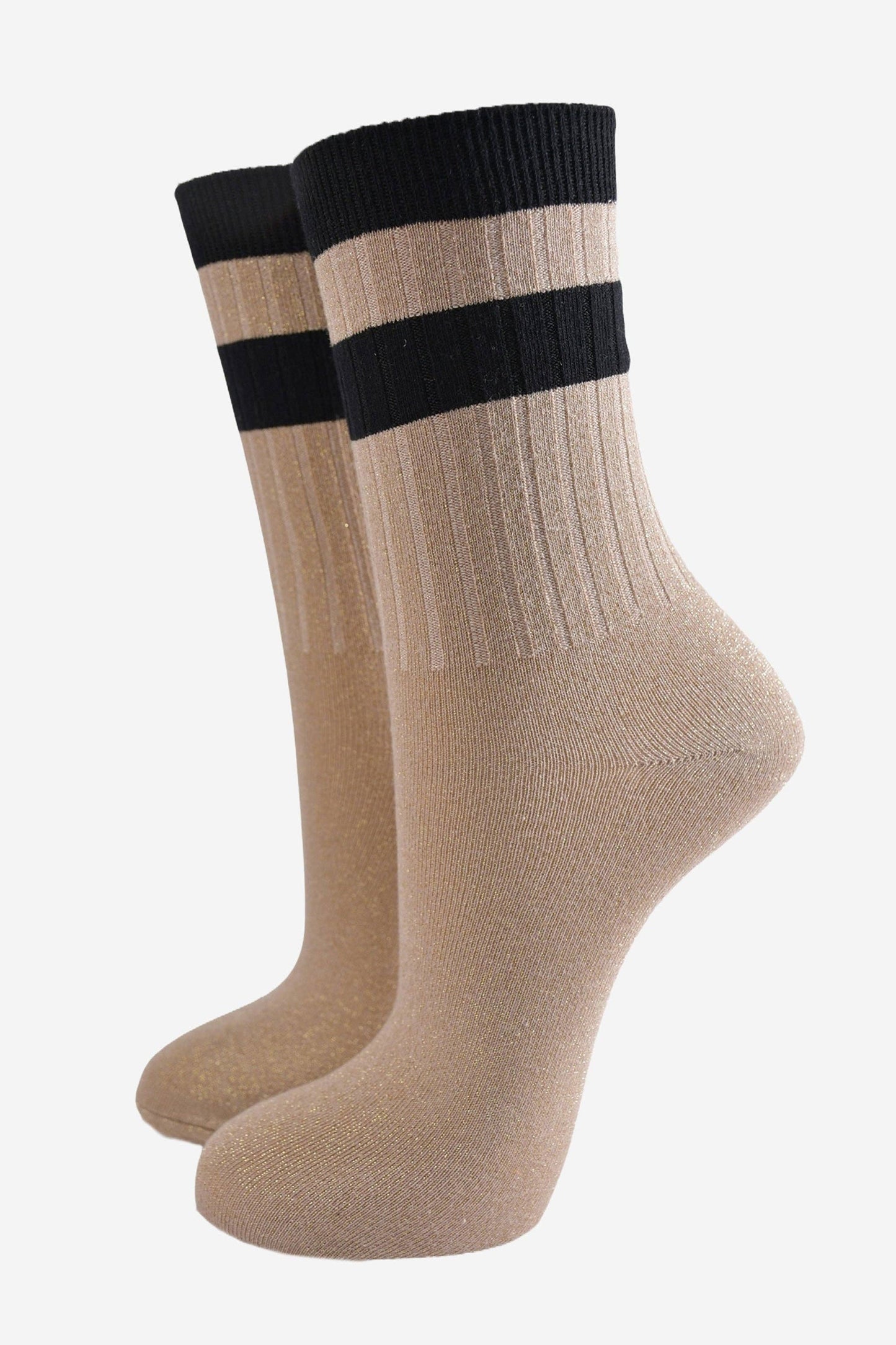 Women's Glitter Socks - Gold/Black, Stripe Cuff