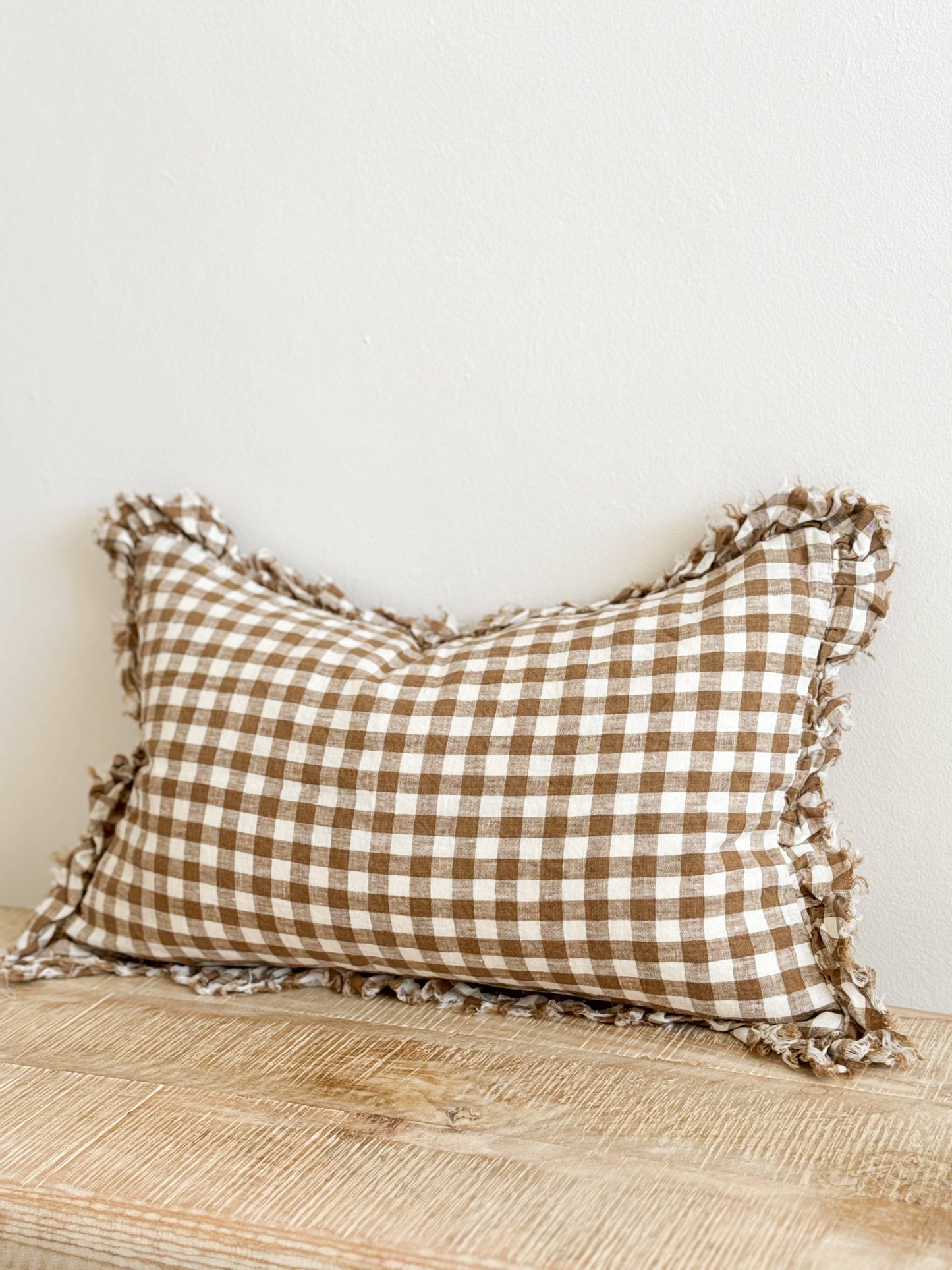 Ruffled Linen Cushion Brown Gingham