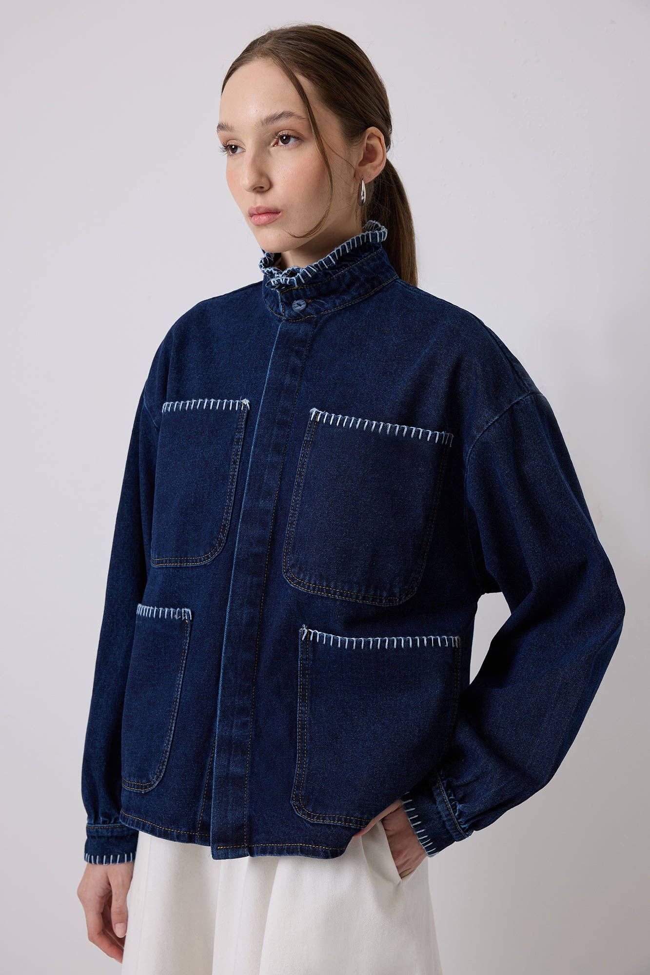 WHIPSTITCH COLLAR UTILITY DENIM JACKET