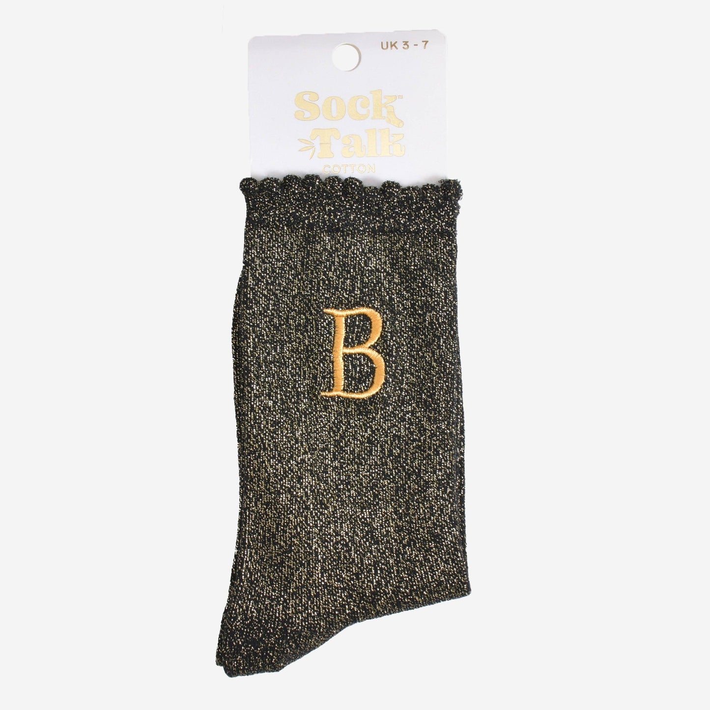Women's Glitter Socks - Black/Gold, Initial "B"
