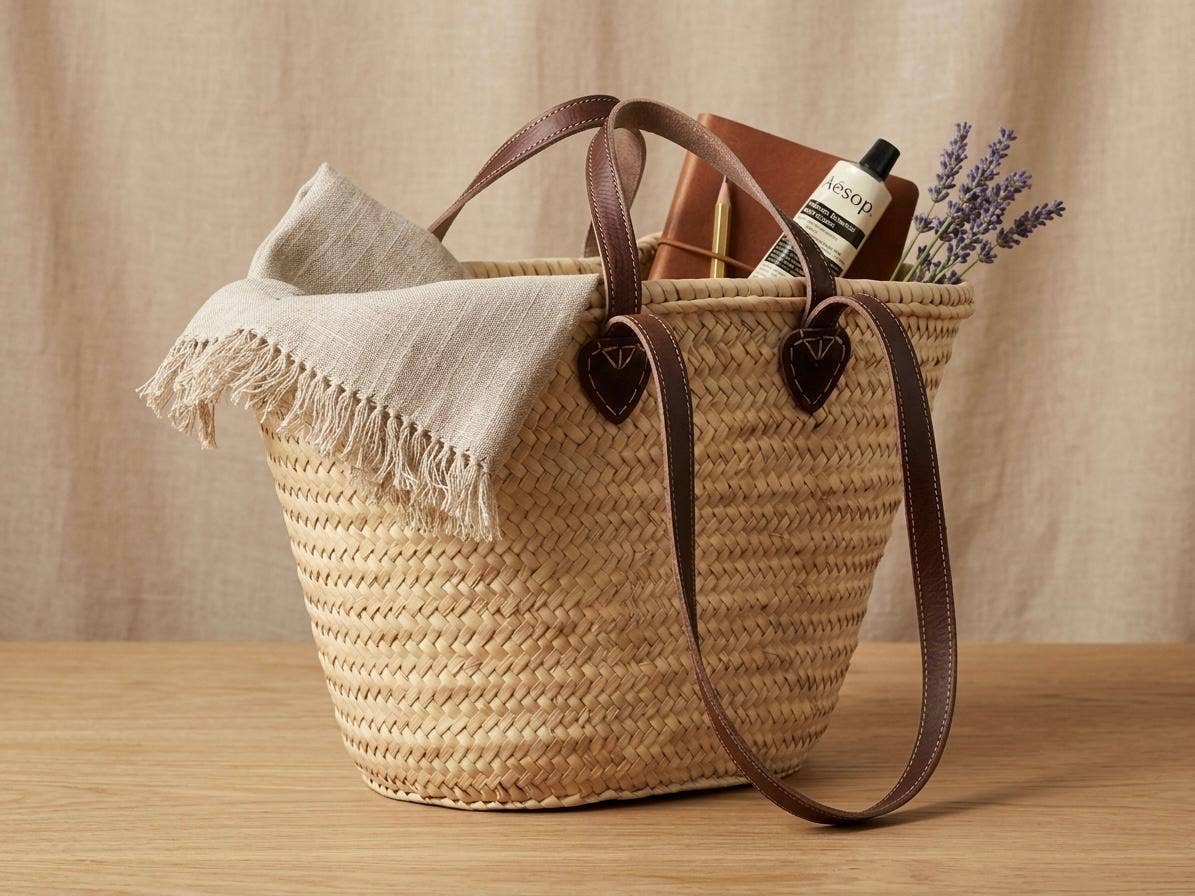 Moroccan Straw Tote with Long Leather Straps