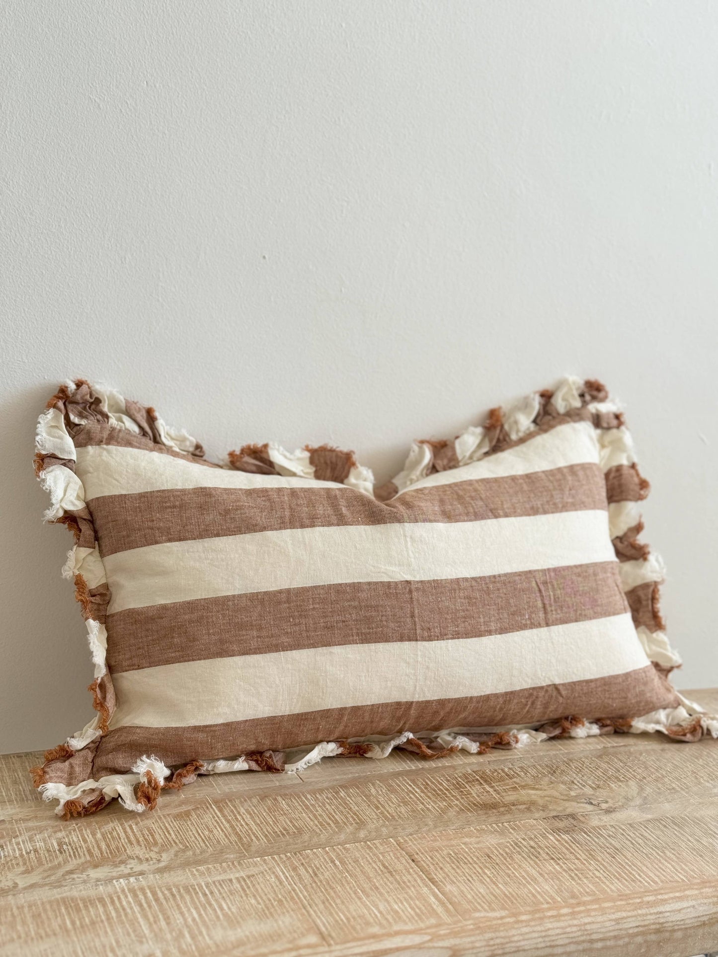 Hallie Ruffled Linen Cushion 50x30 – Rust Wide Stripe