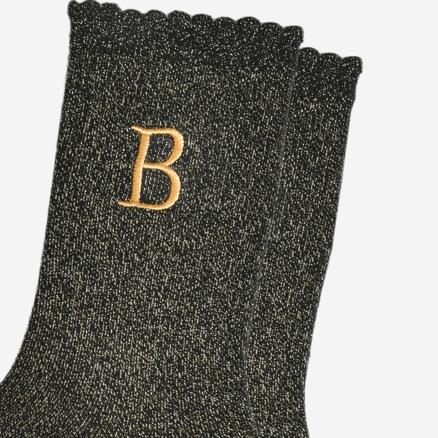 Women's Glitter Socks - Black/Gold, Initial "B"