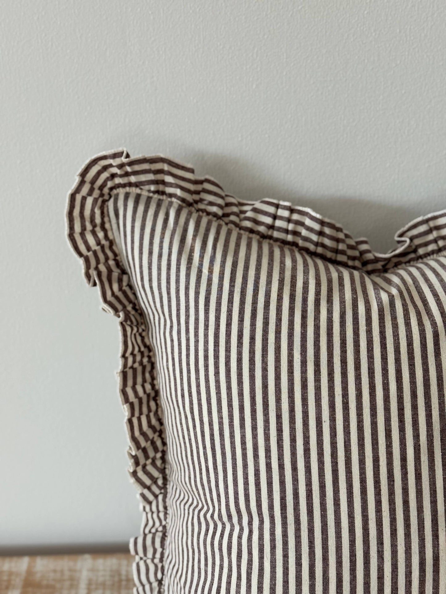 Darcy Ruffle Cotton Cushion 65x65 - Dark Brown Stripe