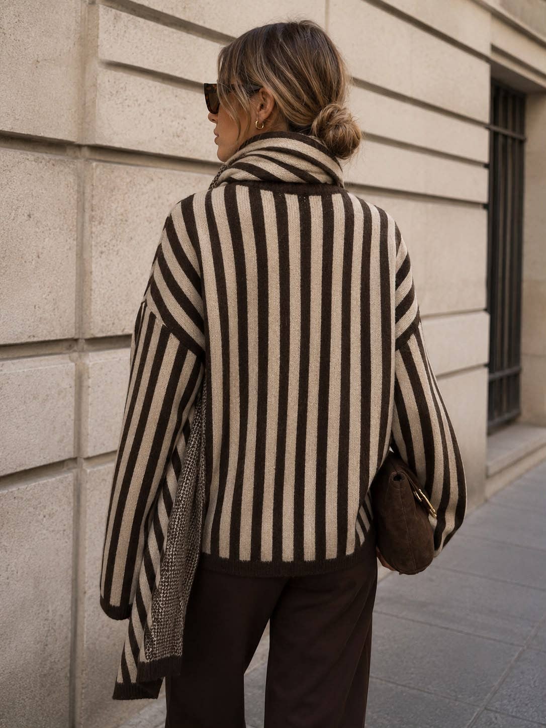Two-tone striped knit sweater with scarf