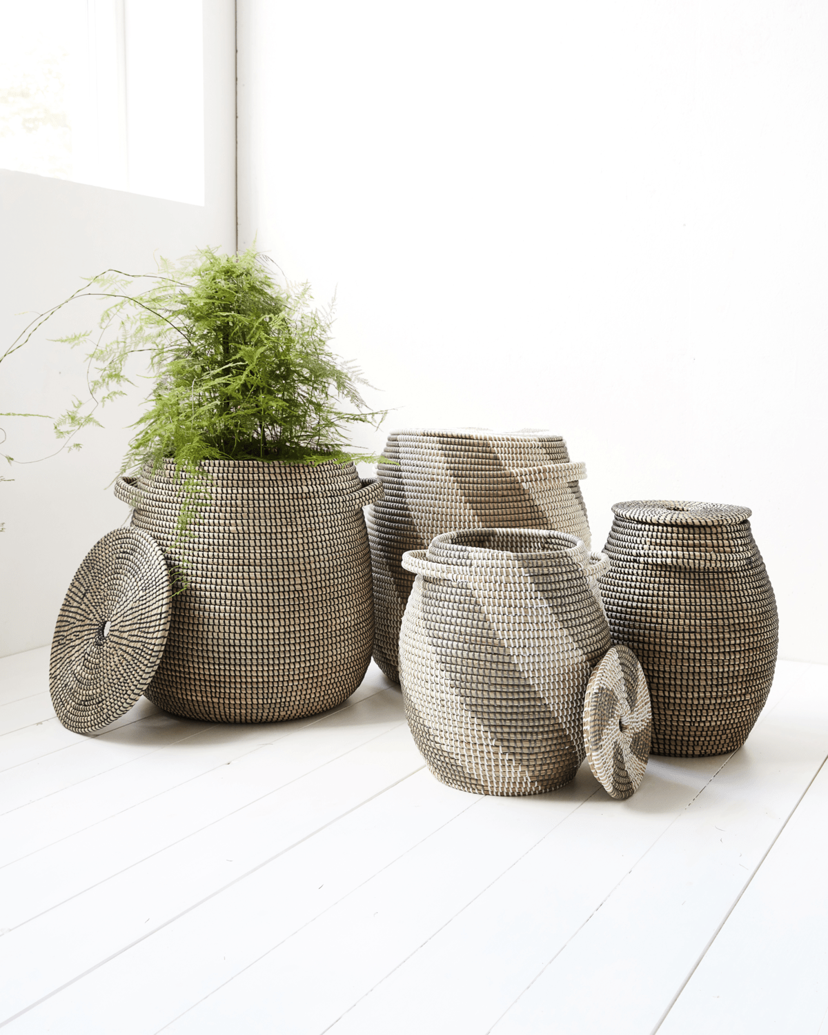 Black and White Natural Baskets with Lids - Set of 2 - MarramTrading.com