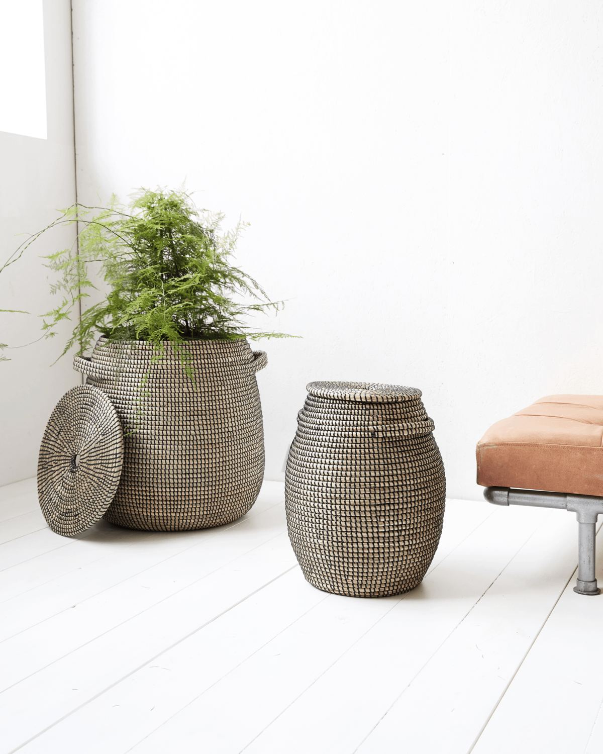 Black and White Natural Baskets with Lids - Set of 2 - MarramTrading.com