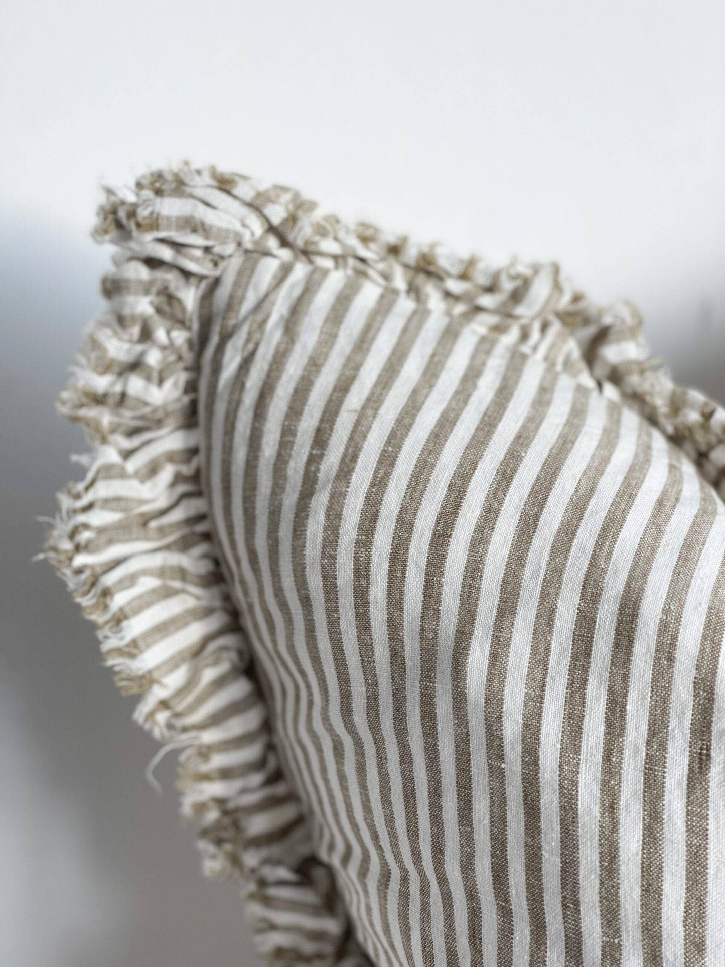 Hallie Ruffled Linen Cushion – Olive Stripe 65x65cm