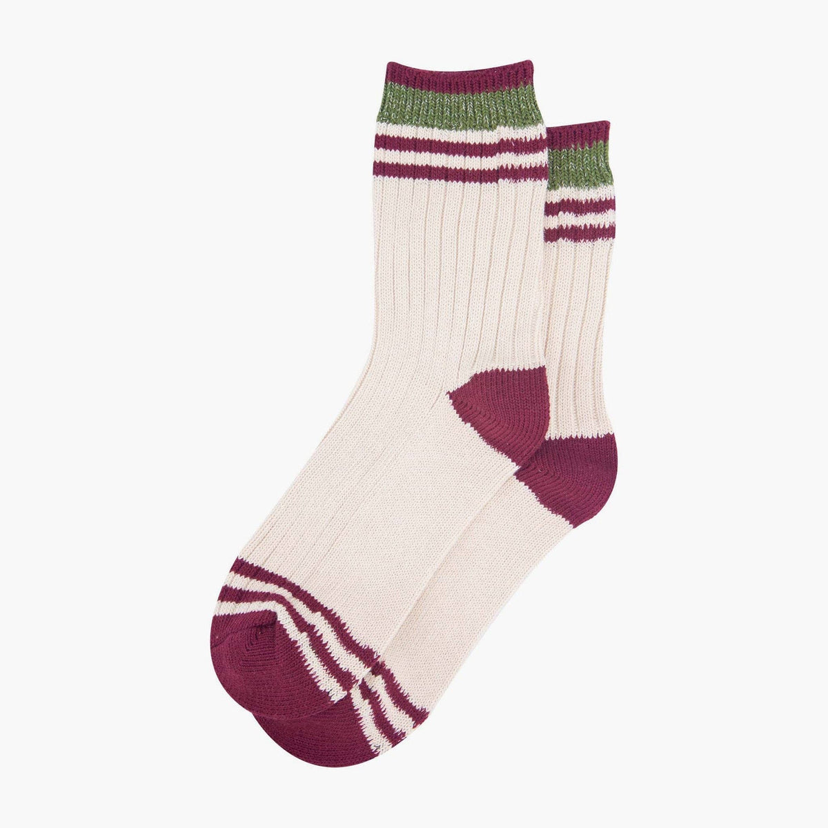 Women's Mid-Calf Socks- Cream/Khaki, Striped Cuff