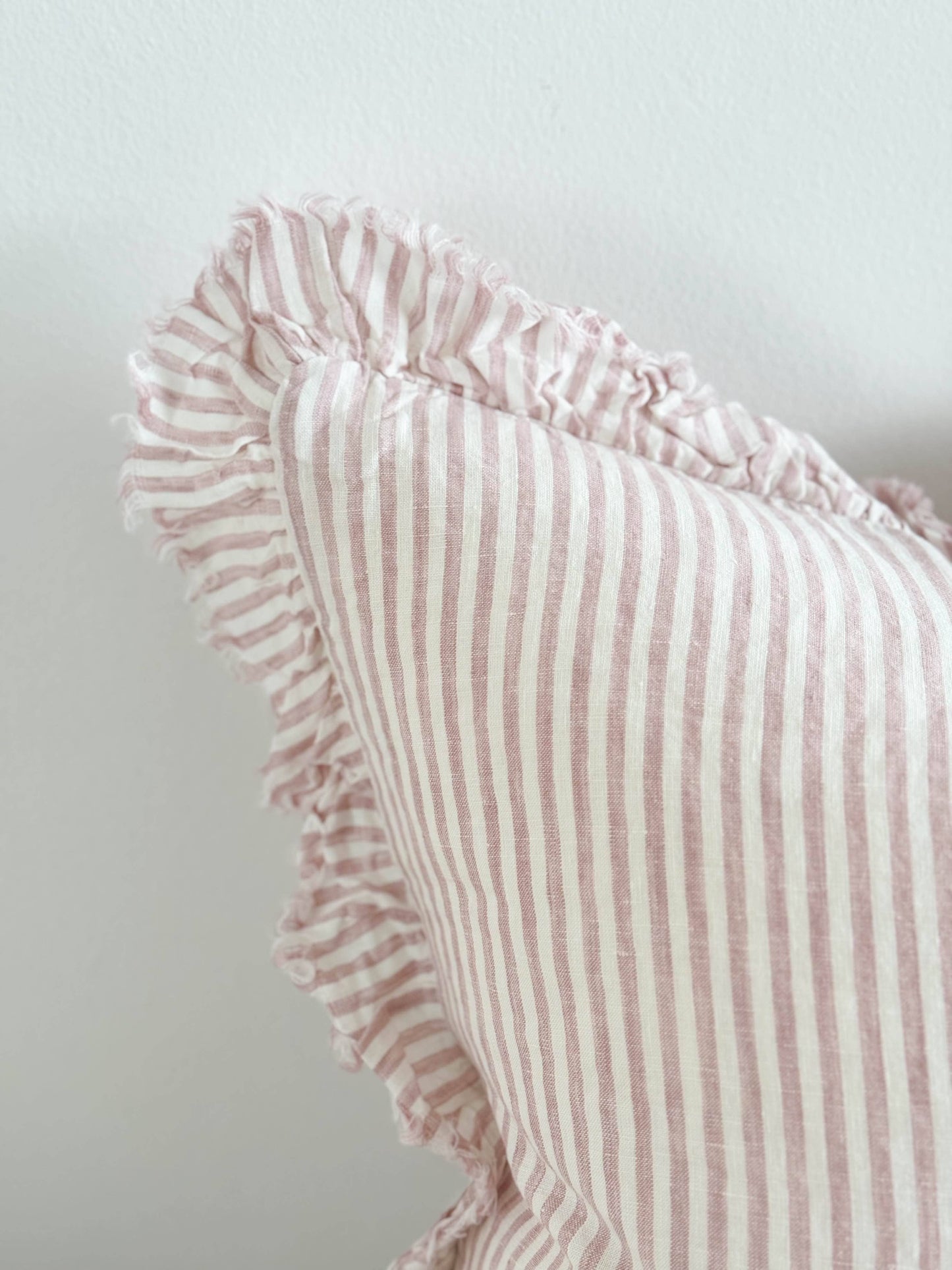 Ruffled Linen Cushion – Pink Stripe