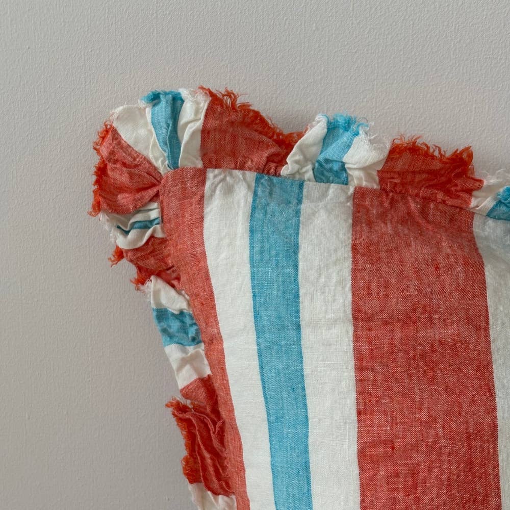 Coral Stripe Ruffle Linen Cushion