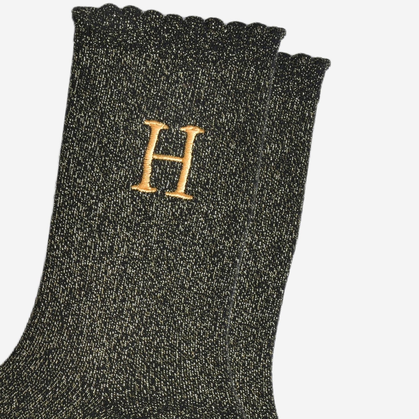 Women's Glitter Socks - Black/Gold, Initial "H"