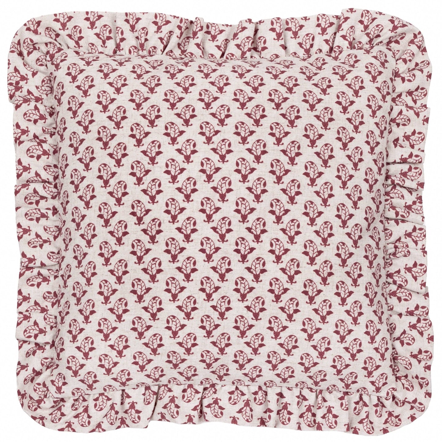 Lulah Block Printed Ruffle Cushion Linen/Red - MarramTrading.com