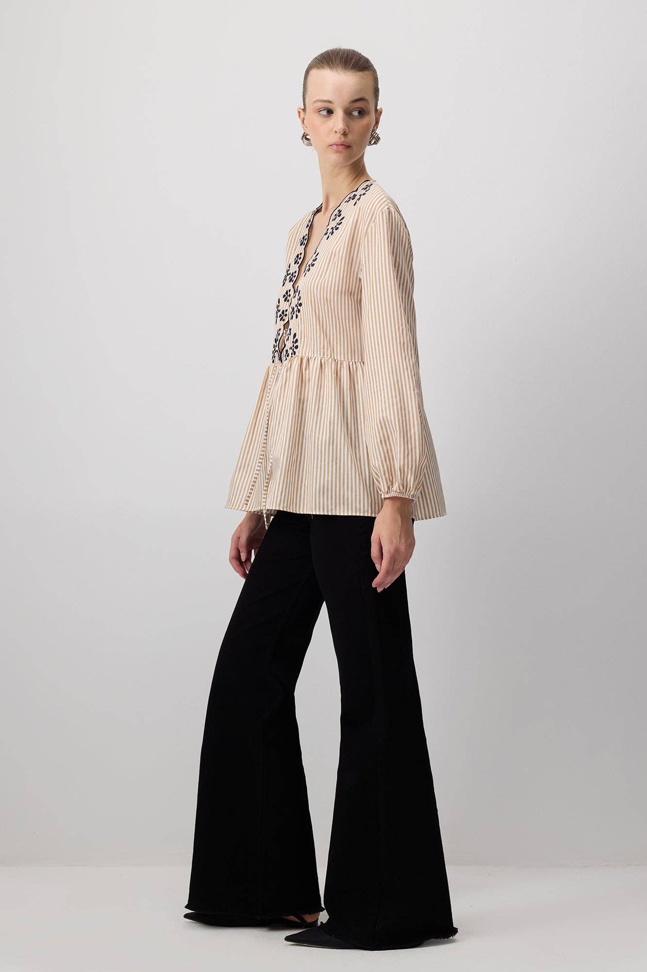 Scallop Embroidered Striped Kimono Blouse - MarramTrading.com