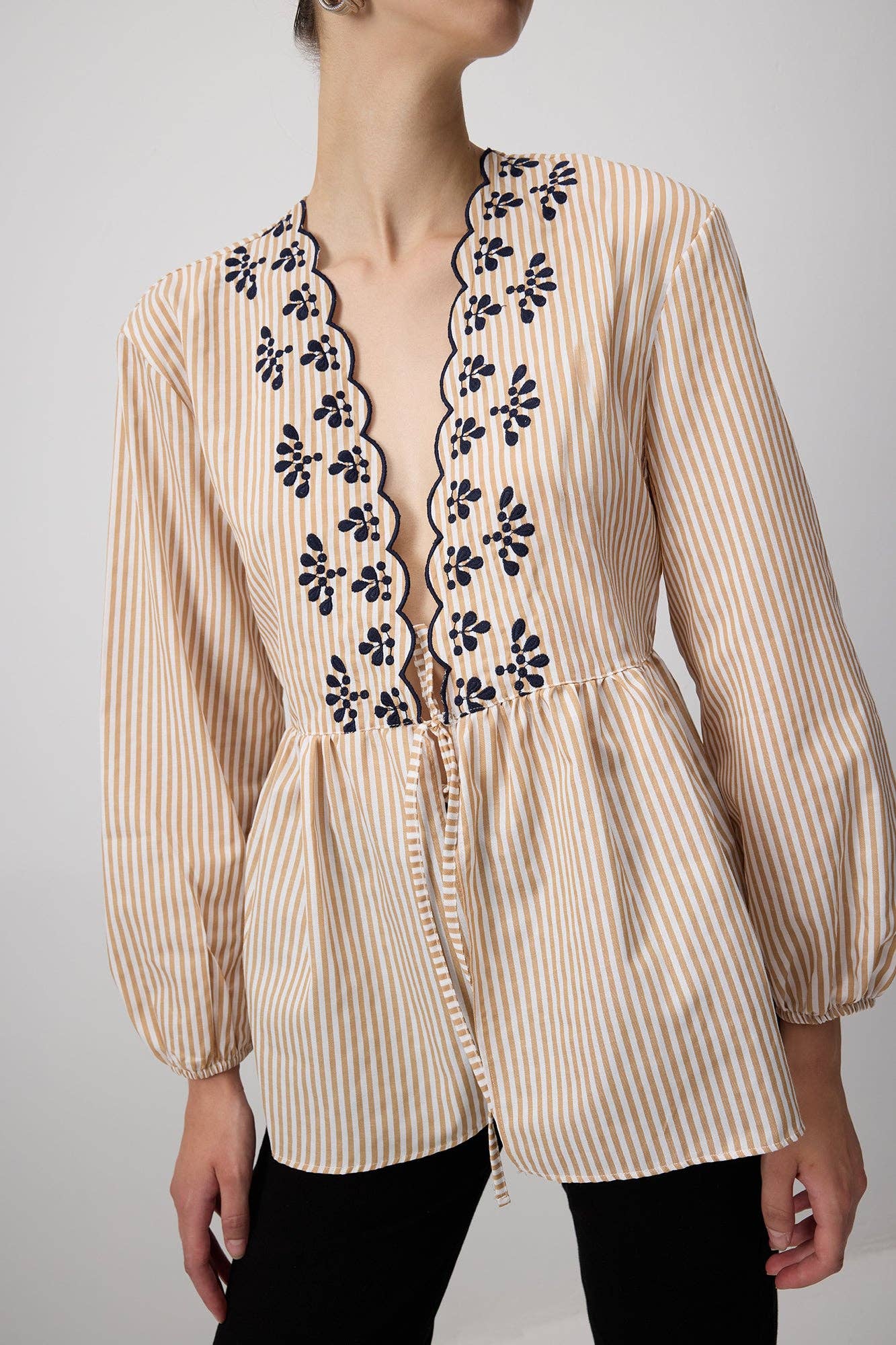 Scallop Embroidered Striped Kimono Blouse - MarramTrading.com