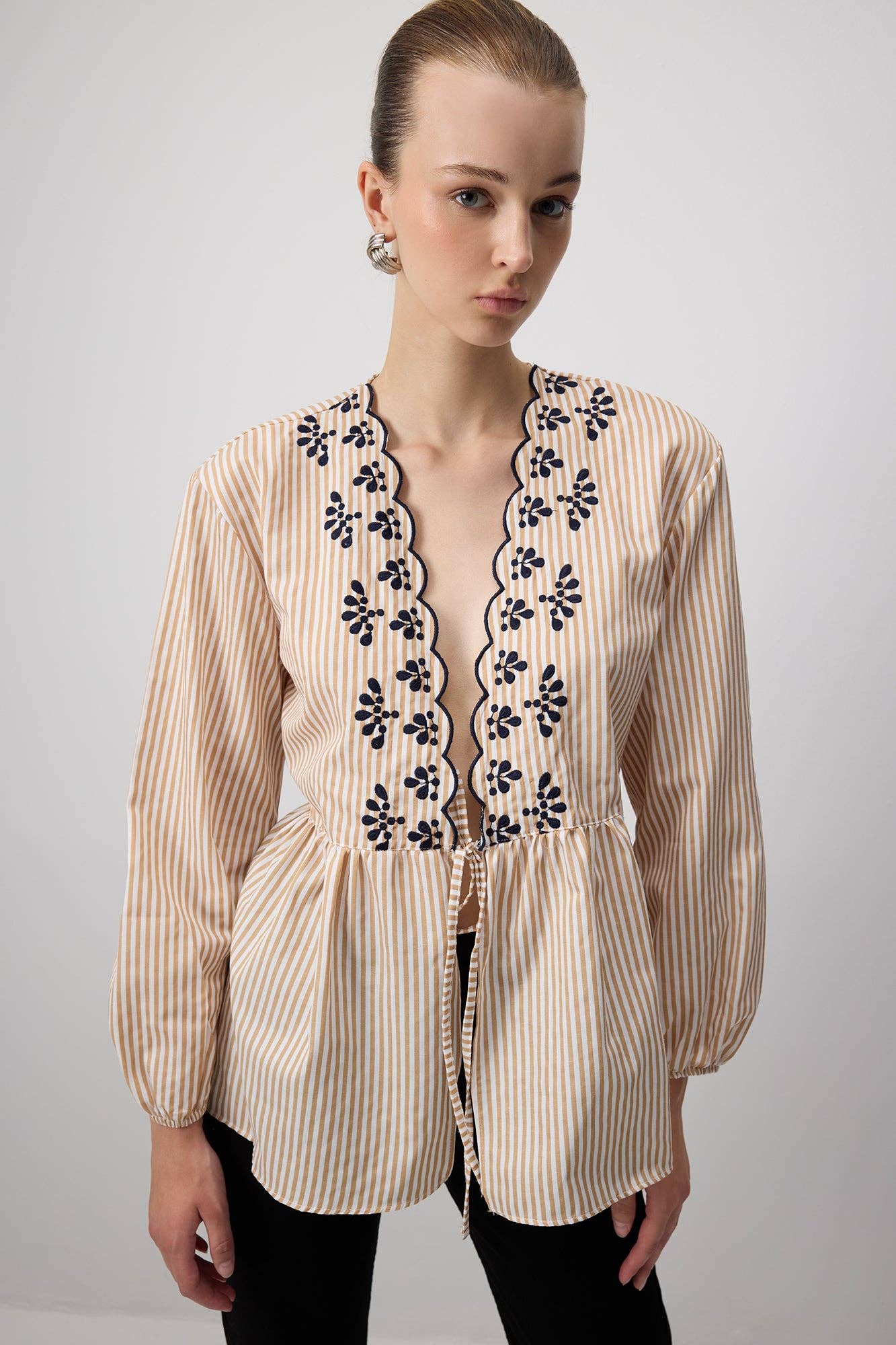 Scallop Embroidered Striped Kimono Blouse - MarramTrading.com