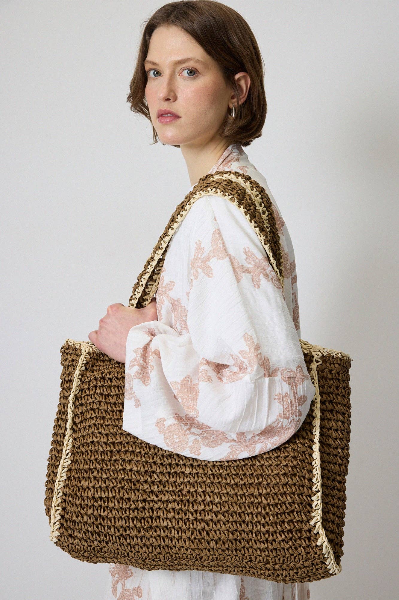 Two - Tone Woven Straw Tote Bag with Contrast Trim - MarramTrading.com