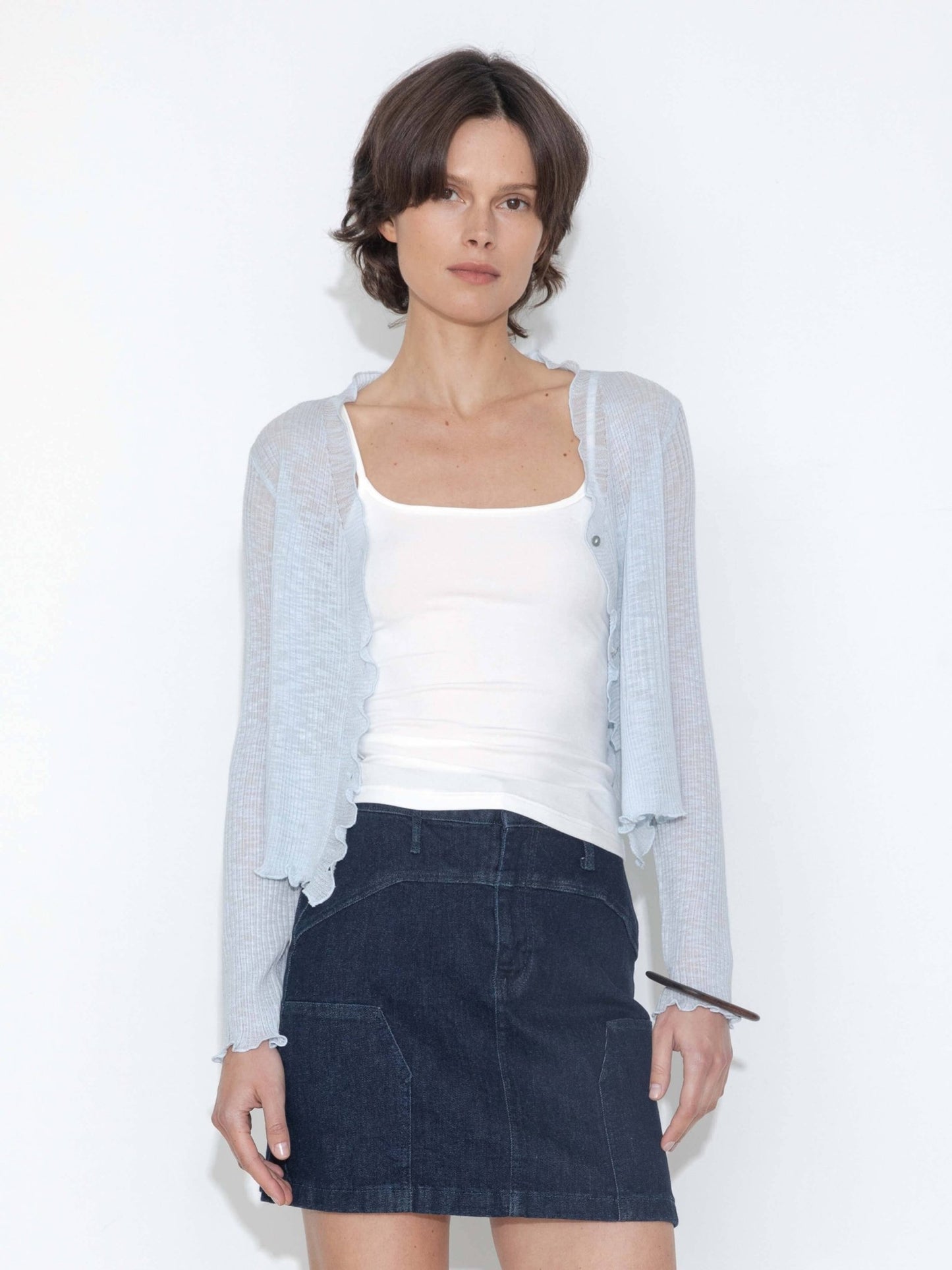 V - Neck Knit Cardigan with Ruffled Long Sleeves - MarramTrading.com