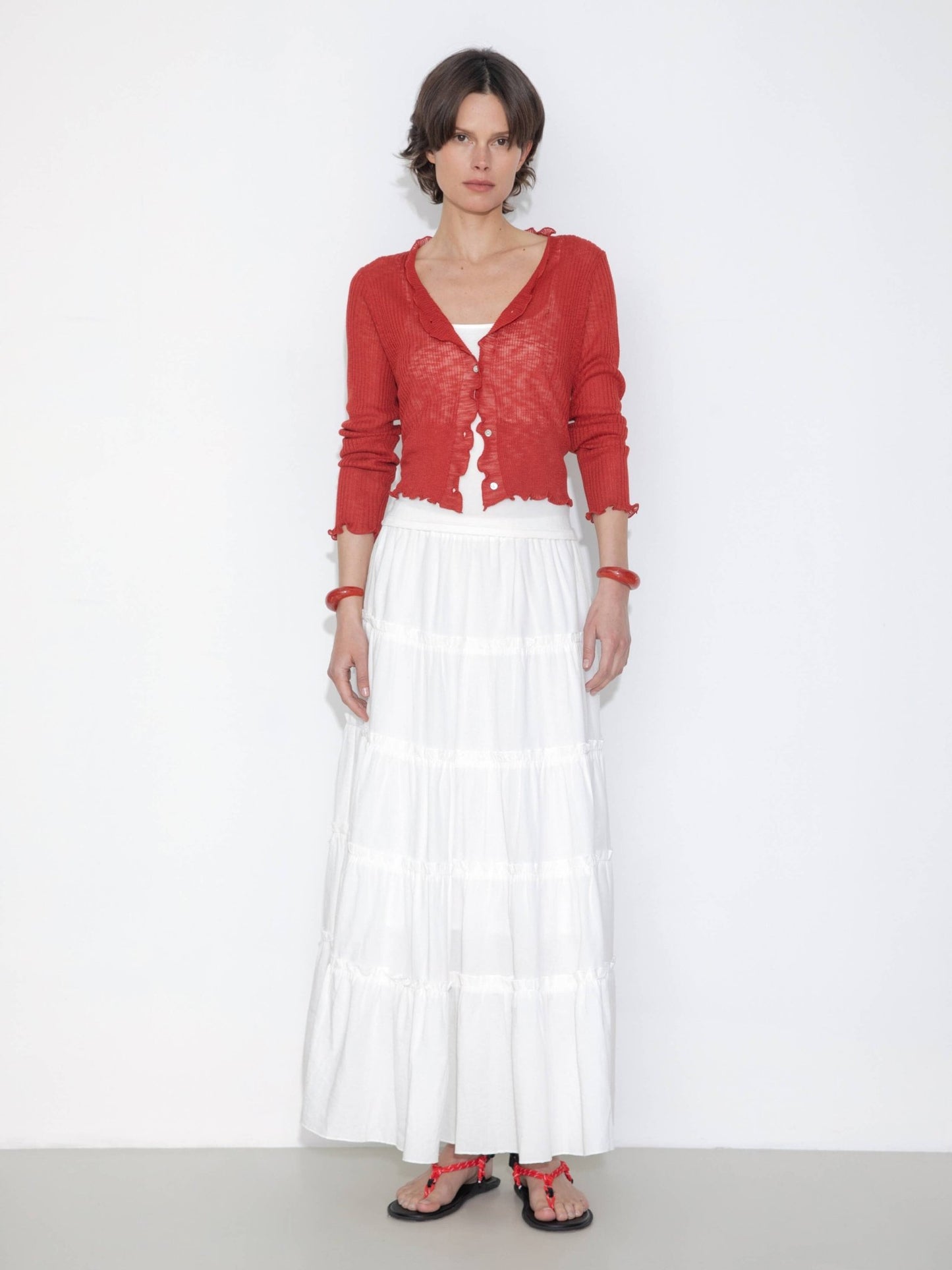 V - Neck Knit Cardigan with Ruffled Long Sleeves - MarramTrading.com