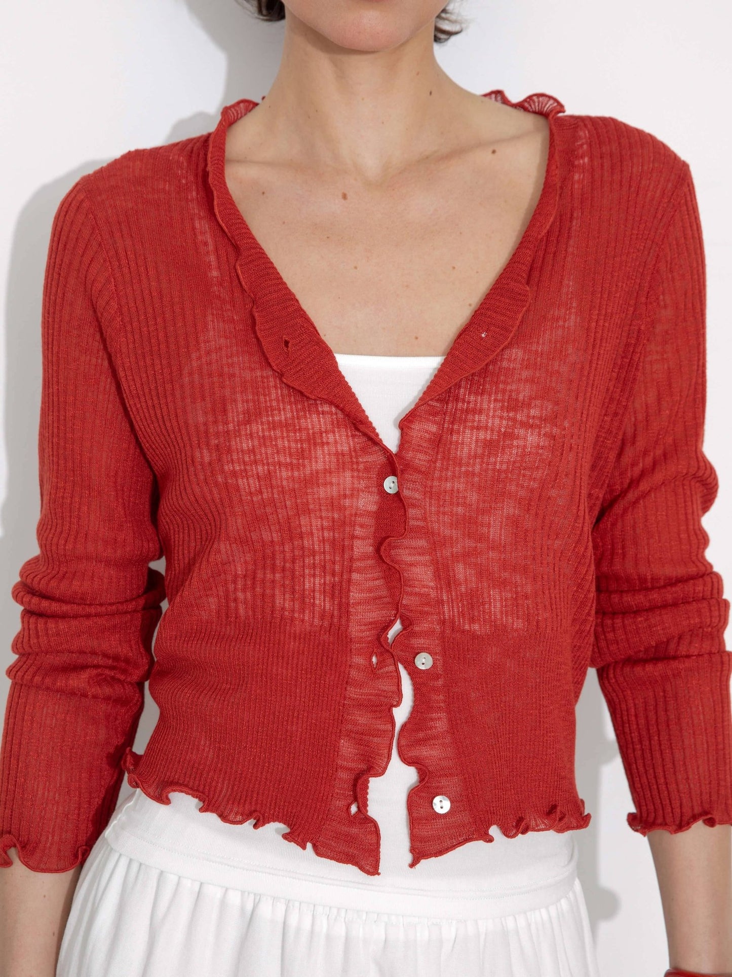 V - Neck Knit Cardigan with Ruffled Long Sleeves - MarramTrading.com