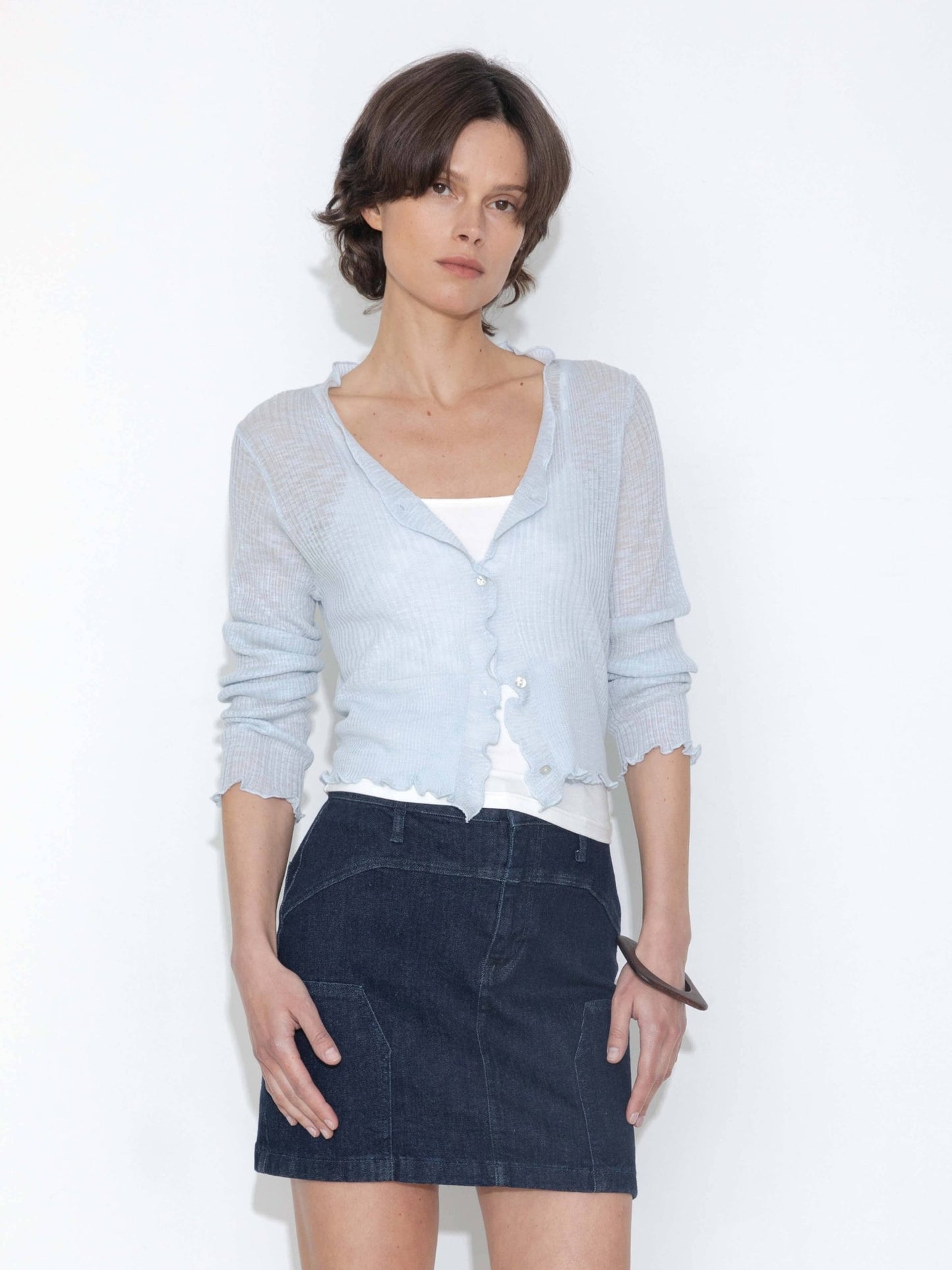 V - Neck Knit Cardigan with Ruffled Long Sleeves - MarramTrading.com