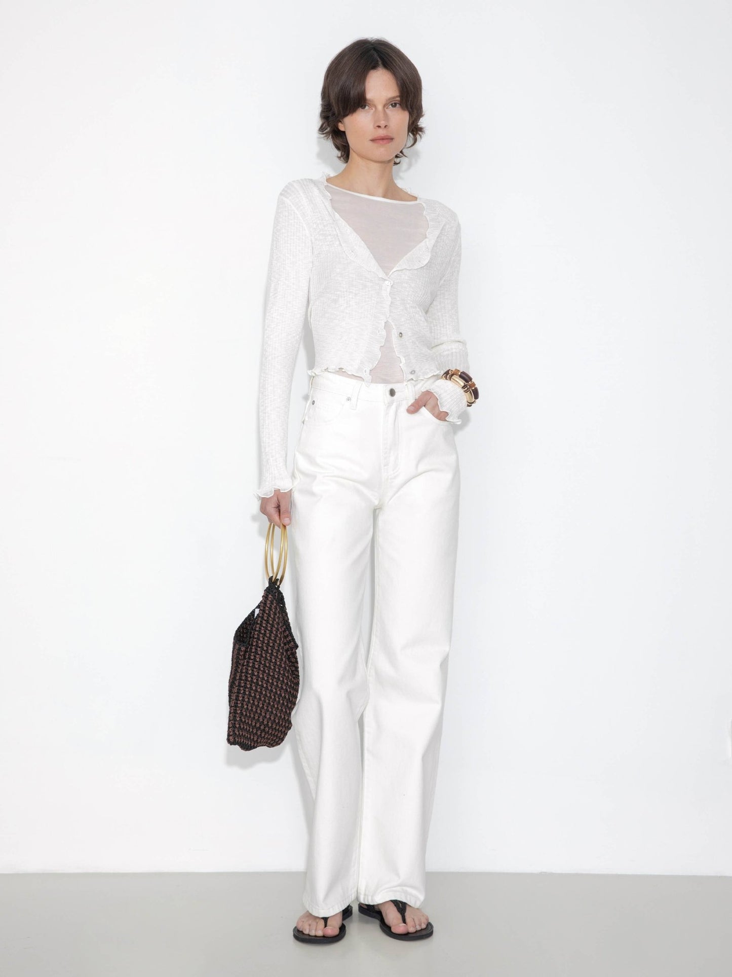V - Neck Knit Cardigan with Ruffled Long Sleeves - MarramTrading.com