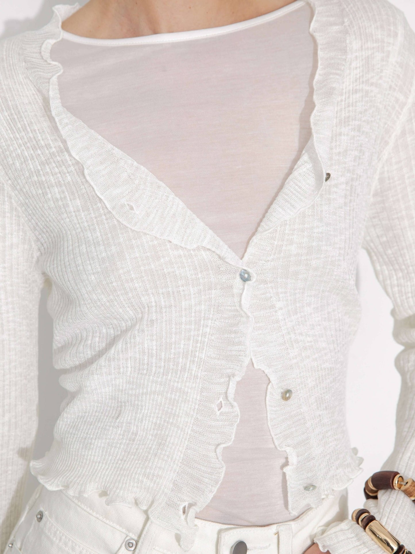 V - Neck Knit Cardigan with Ruffled Long Sleeves - MarramTrading.com