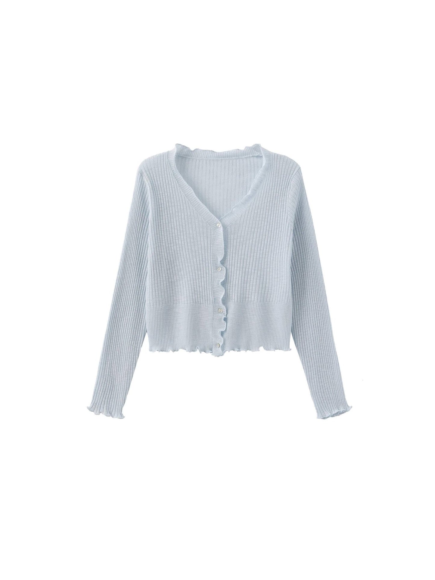 V - Neck Knit Cardigan with Ruffled Long Sleeves - MarramTrading.com