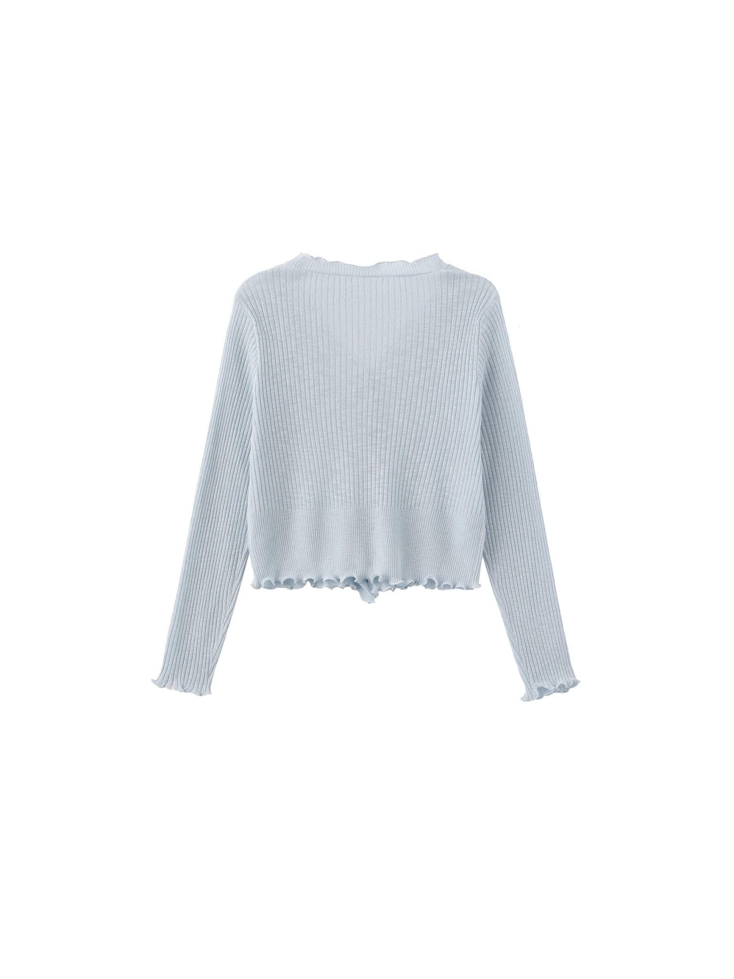 V - Neck Knit Cardigan with Ruffled Long Sleeves - MarramTrading.com