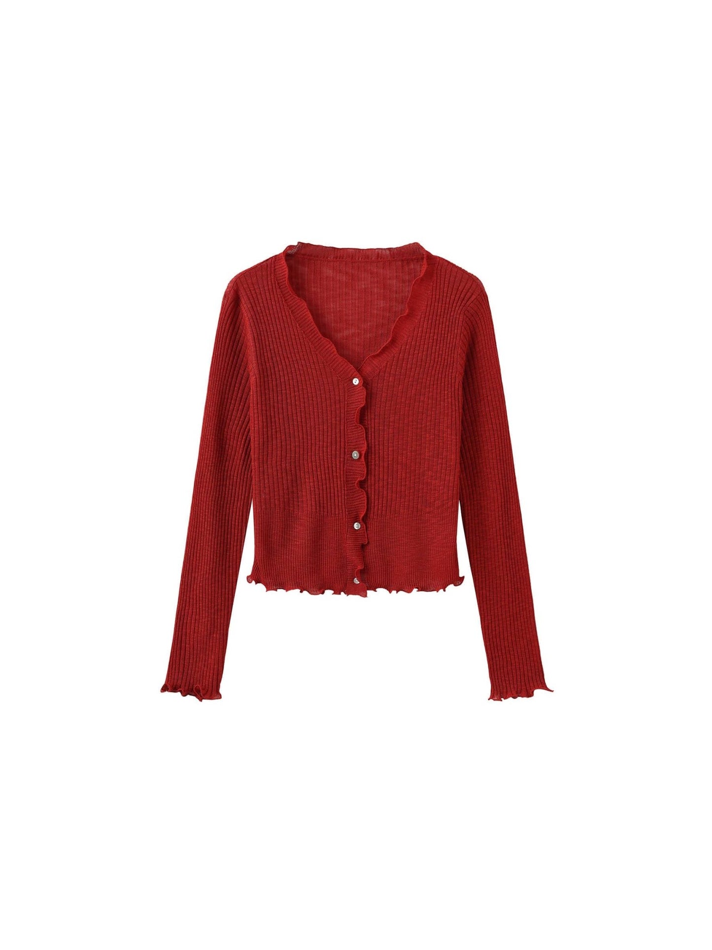 V - Neck Knit Cardigan with Ruffled Long Sleeves - MarramTrading.com