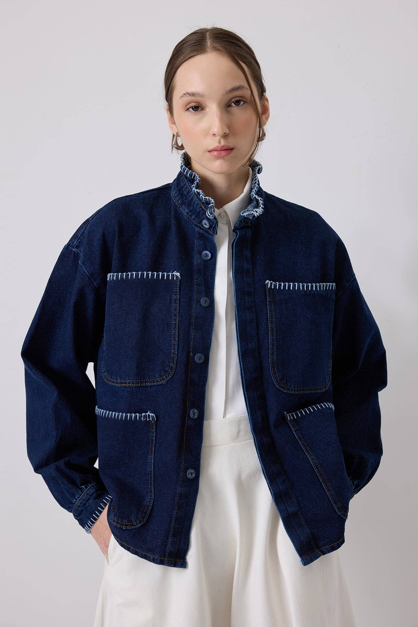 WHIPSTITCH COLLAR UTILITY DENIM JACKET - MarramTrading.com