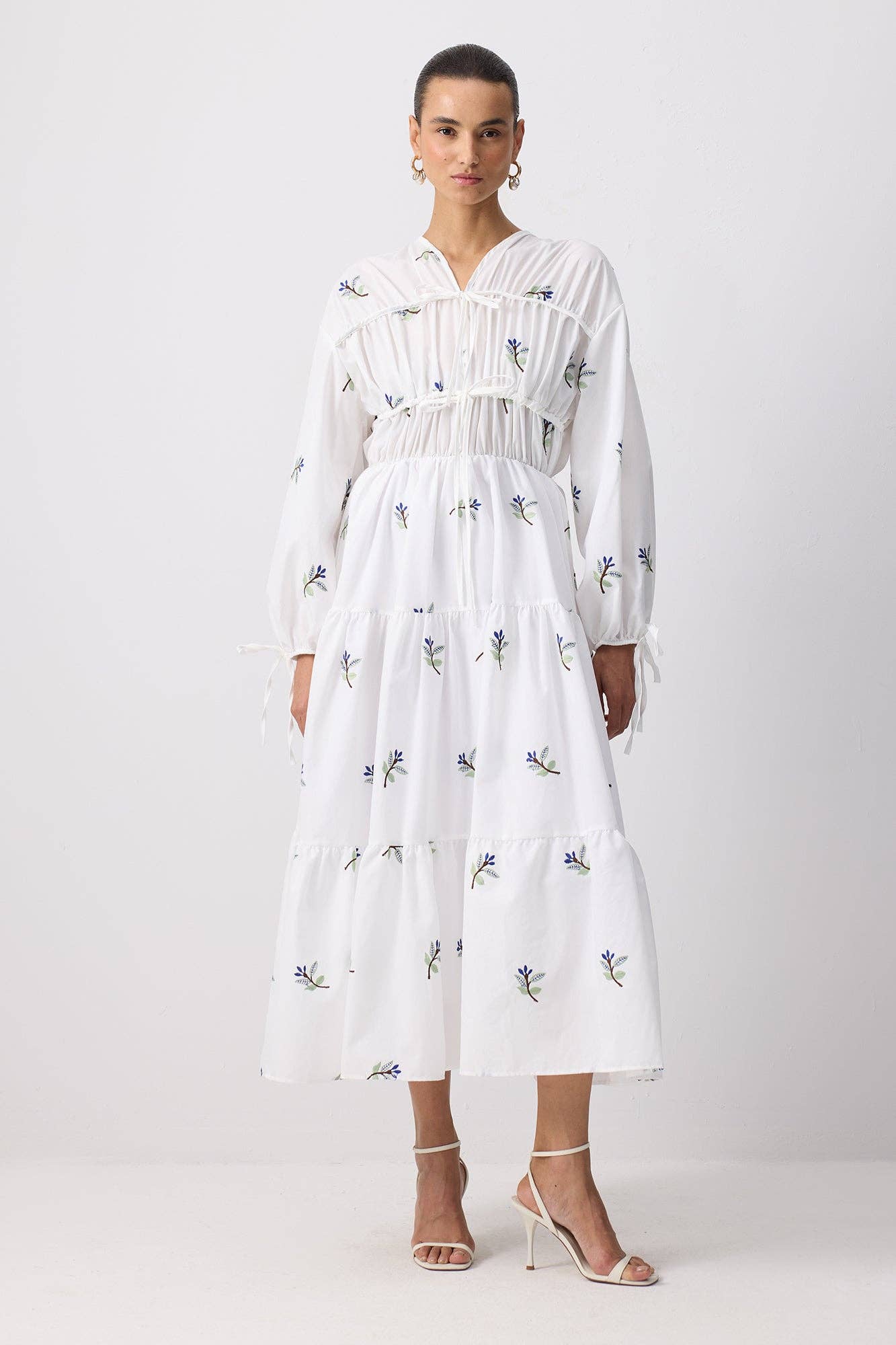 WHITE FLORAL EMBROIDERED TIERED MAXI DRESS - MarramTrading.com