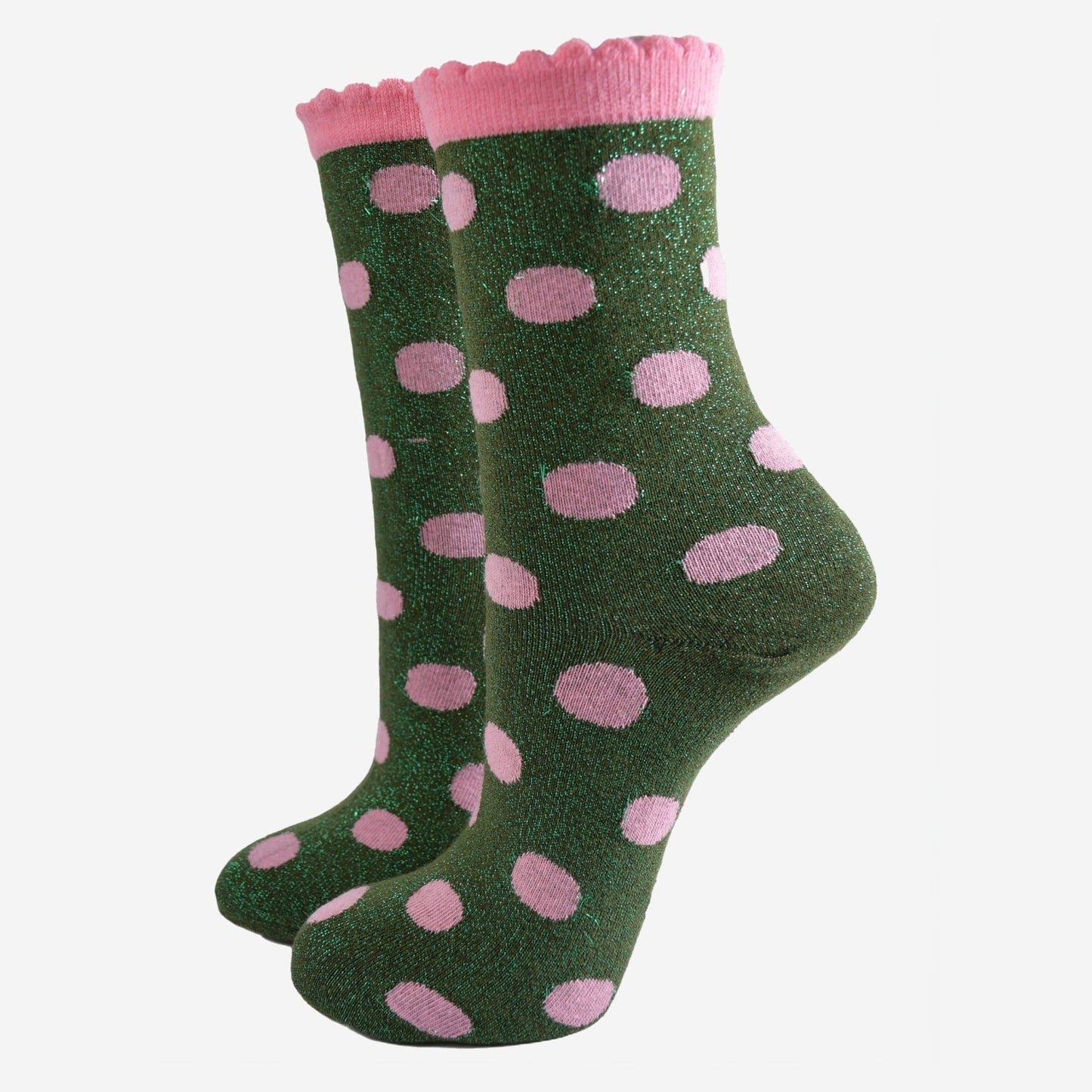 Women's Glitter Socks - Khaki/Light Pink, Medium Polka Dots - MarramTrading.com