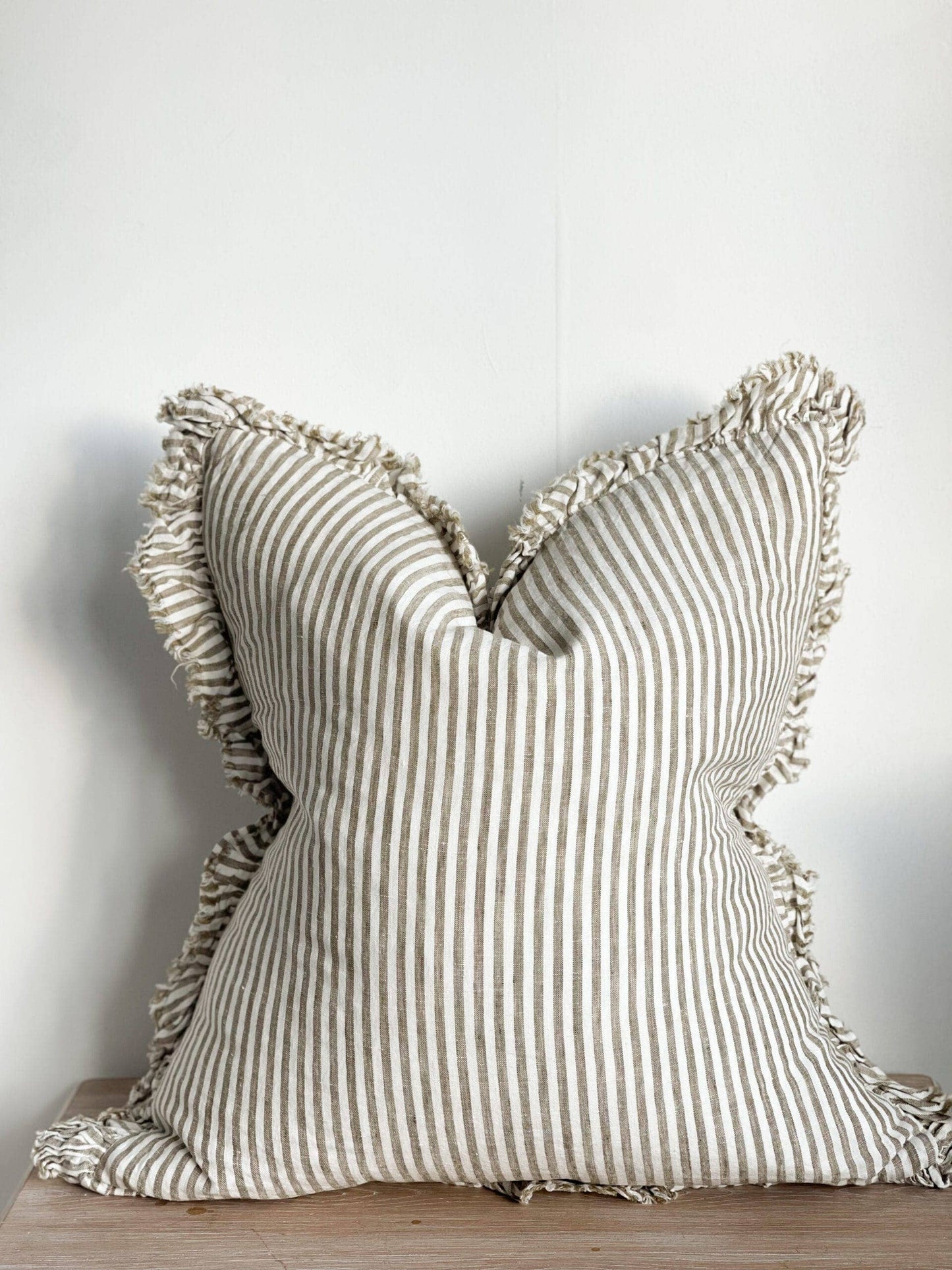 Hallie Ruffled Linen Cushion – Olive Stripe 65x65cm