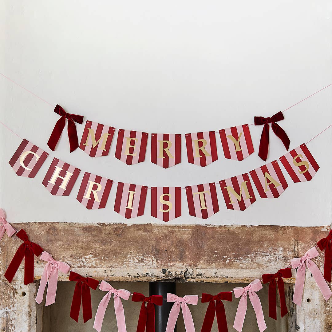 Stripey 'Merry Christmas' Card Banner With Velvet Bows x2 2m