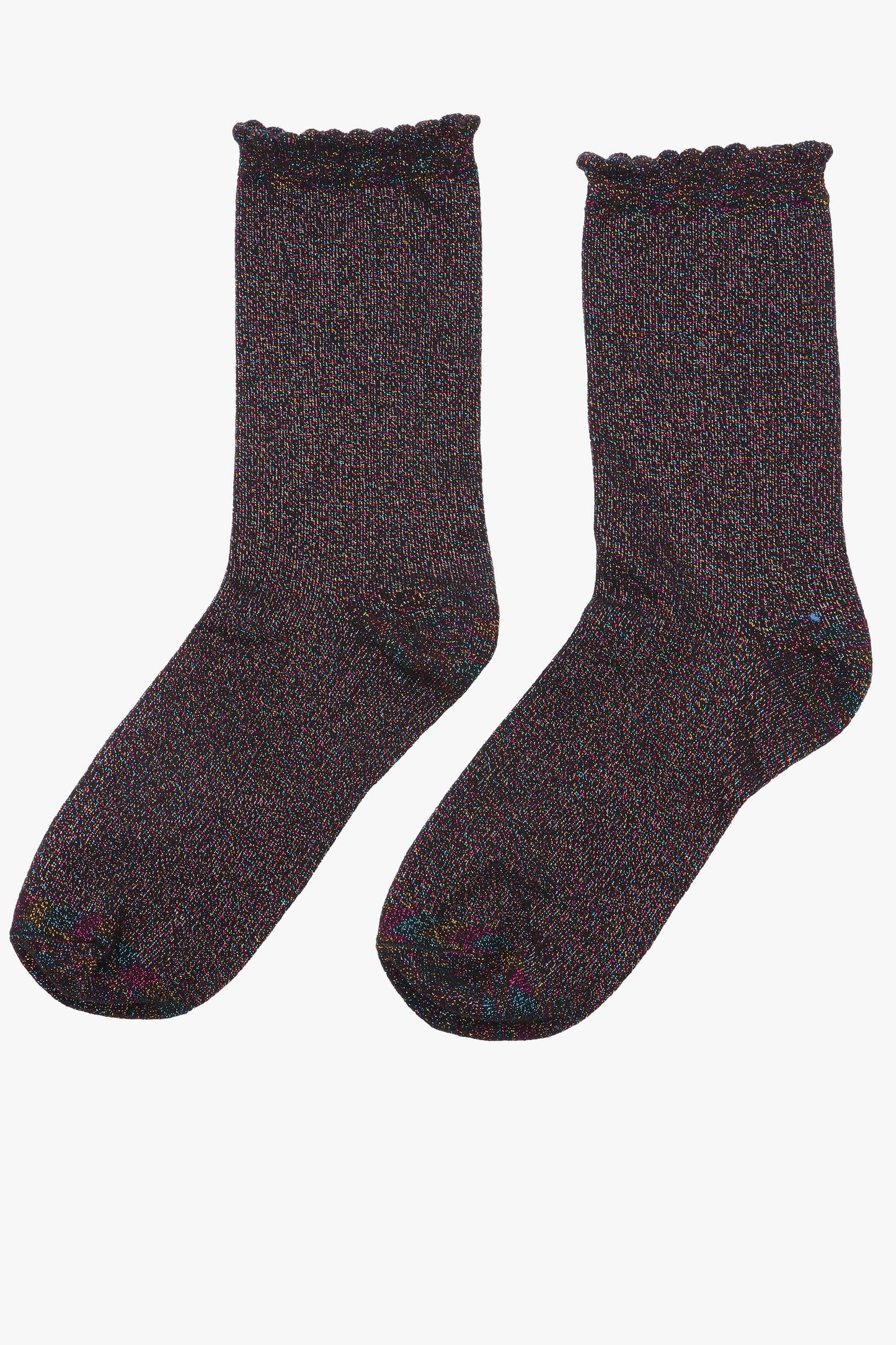 Black Glitter Socks Rainbow Ankle Socks with Scalloped Cuff