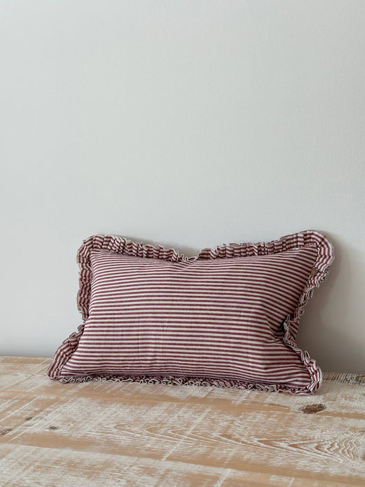 Darcy Ruffle Cotton Cushion Cover 50x30 – Burgundy Stripe