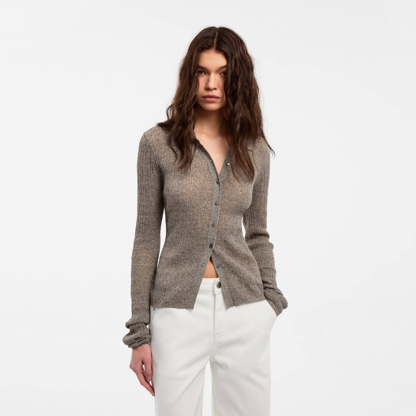 Linen Collared Long-Sleeved Knit Sweater