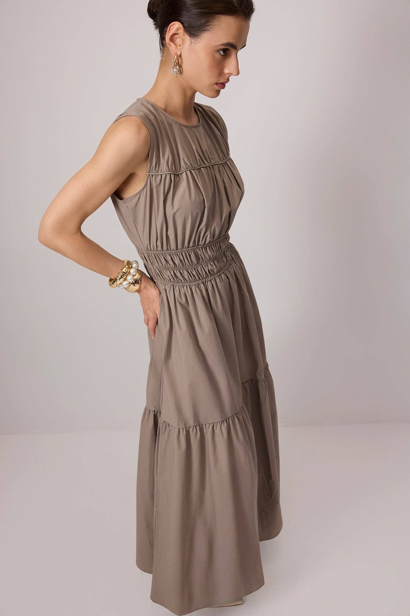 Sleeveless Smocked Tiered Maxi Poplin Dress