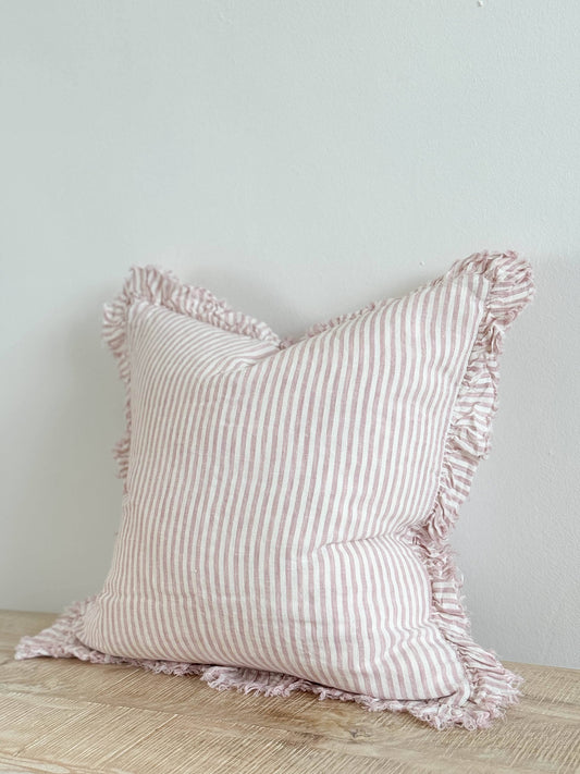 Ruffled Linen Cushion – Pink Stripe