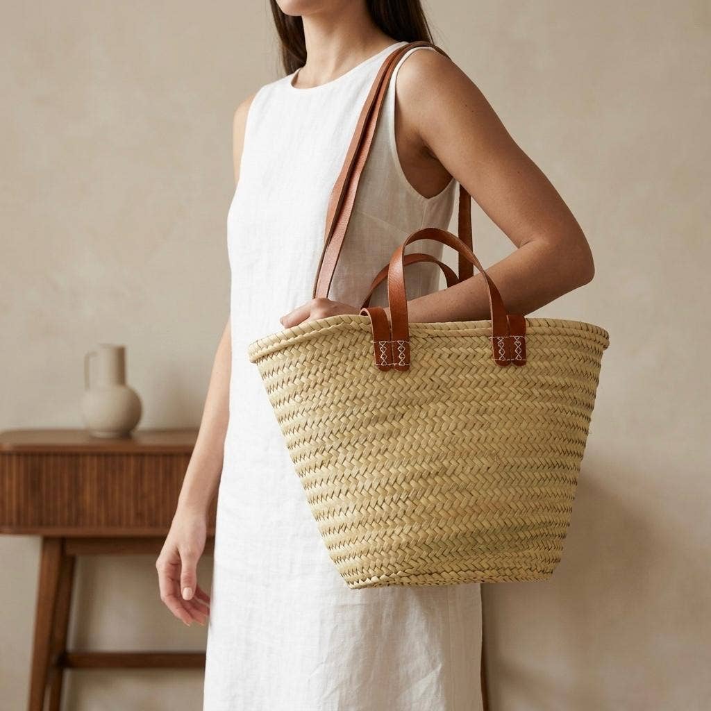 Large Woven Straw Tote Bag with Leather Handles