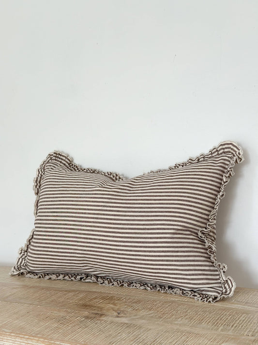 Darcy Ruffle Cotton Cushion Cover 50x30 – Dark Brown Stripe