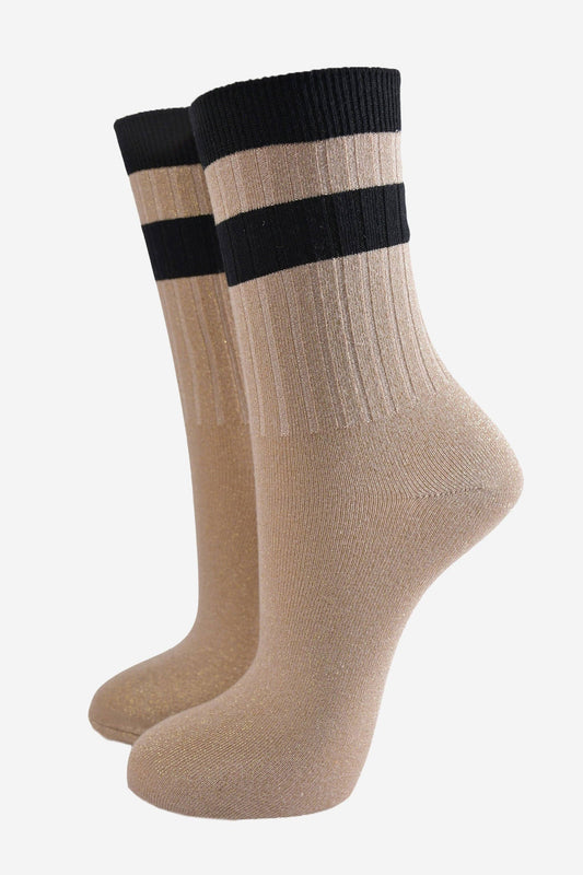 Women's Glitter Socks - Gold/Black, Stripe Cuff