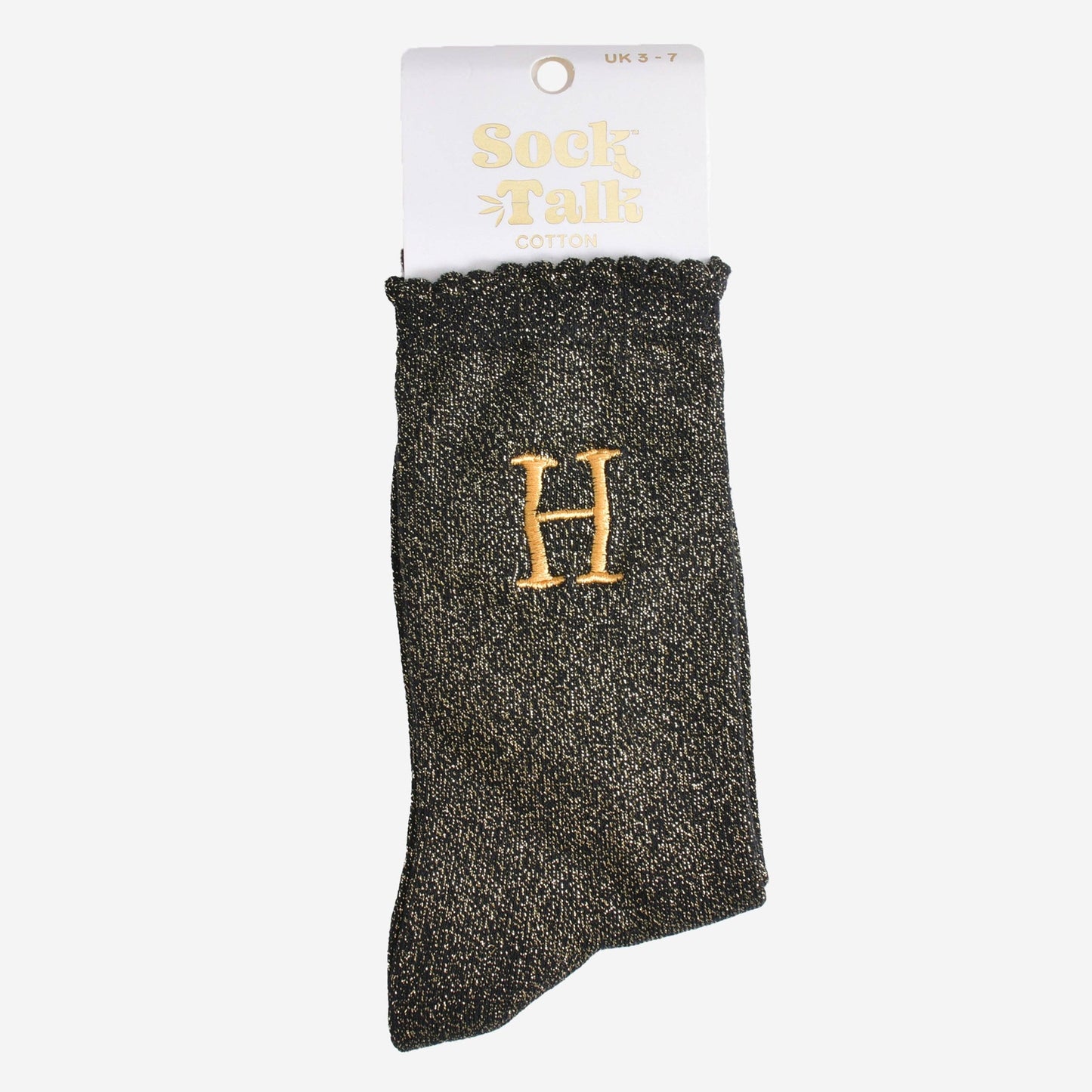 Women's Glitter Socks - Black/Gold, Initial "H"