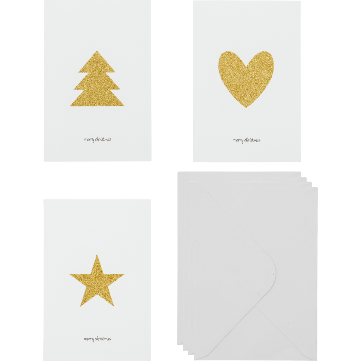 Christmas cards, Glitter, White/Golden - Set of 6