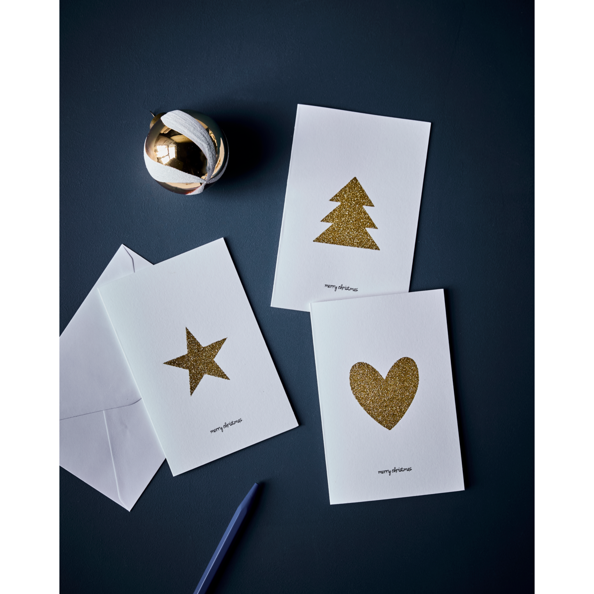 Christmas cards, Glitter, White/Golden - Set of 6