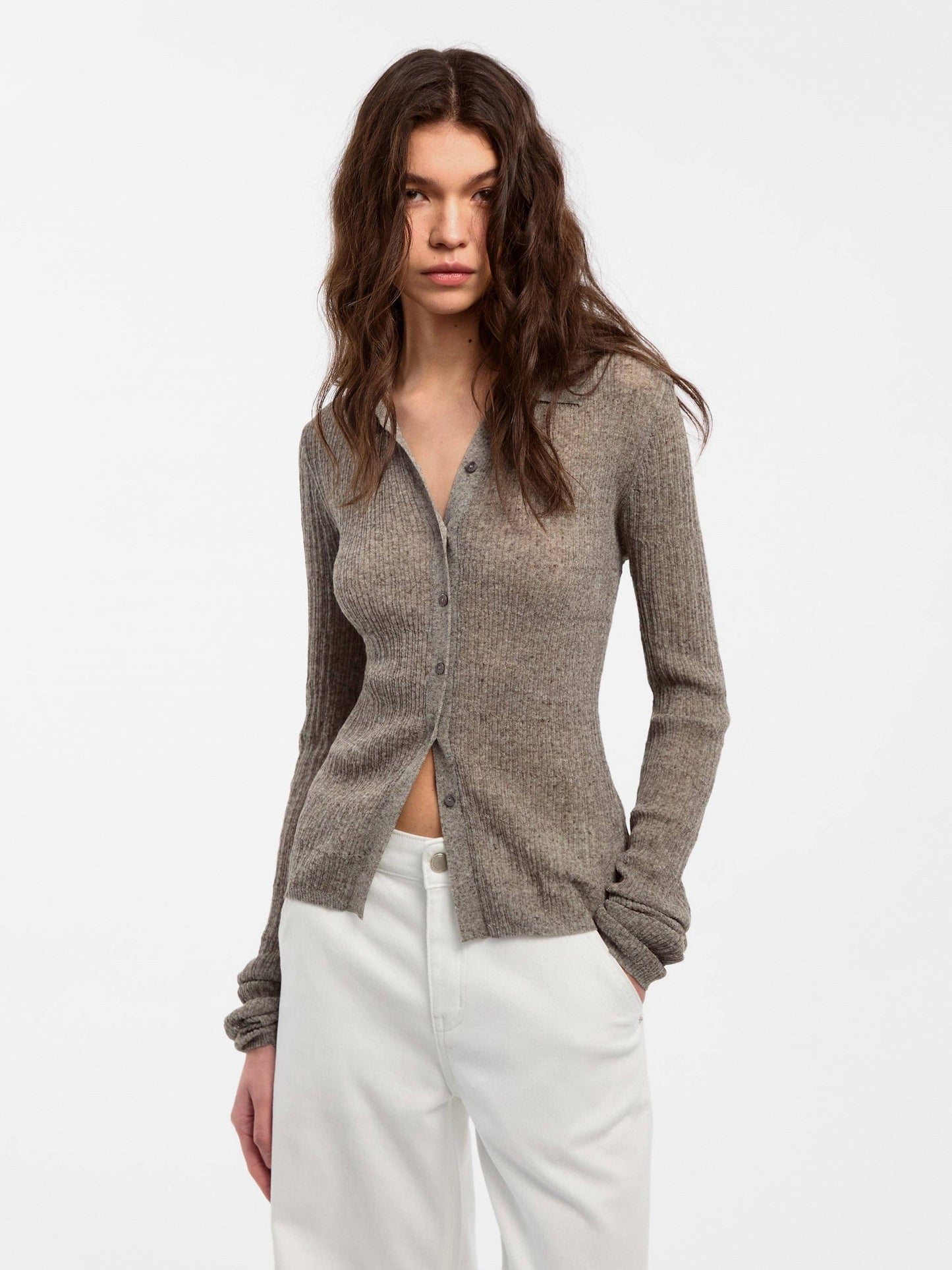 Linen Collared Long-Sleeved Knit Sweater