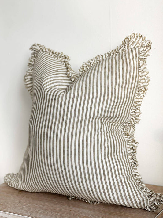 Hallie Ruffled Linen Cushion – Olive Stripe 65x65cm