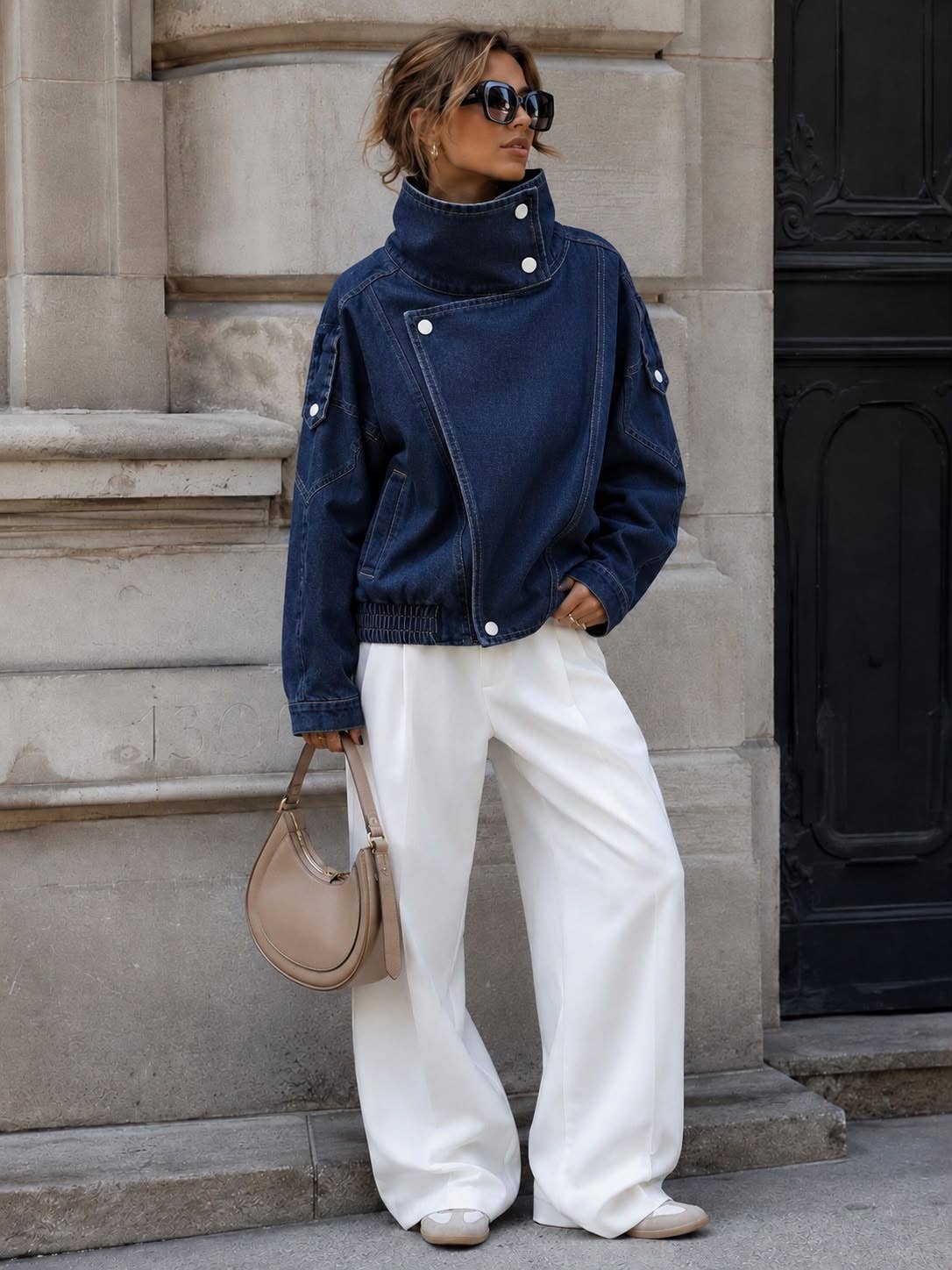 Oversized Short Denim Jacket with Stand Collar